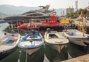 Budva; Montenegro; August the 5th, 2017; anchored boats on the p