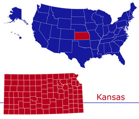 Kansas counties vector map with USA map colors national flag