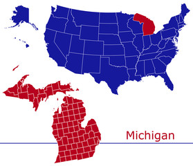 Michigan counties vector map with USA map colors national flag