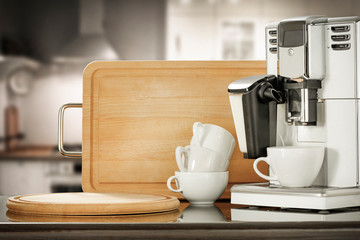 Coffee machine and blurred kitchen interior. 