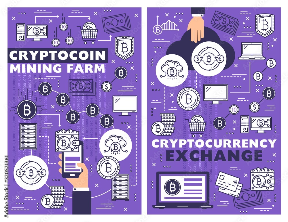 Poster Cryptocurrency mining, bitcoin blockchain technology and cryptocoin exchange. Vector crypto money payment, digital currency finance market, bit coin transaction data and internet bank farm