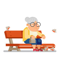 Grandmother feeding birds on outdoor park bench old lady character design flat vector illustration