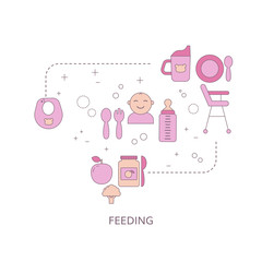 Baby feeding concept with food and baby care icons.