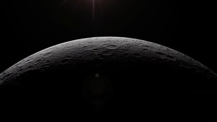 Beautiful realistic dawn on the Moon. Sunrise View from space to the surface of the Moon. The rising shining sun over the craters and the desert surface of the Luna. 4K Space Footage - Powered by Adobe