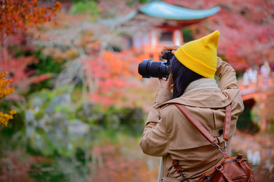 Woman traveller tourist enjoy takes photo, to see the scenery view of autumn village in Japan countryside, Autumn season change blooming on popular and famous place for tourist visit Japan