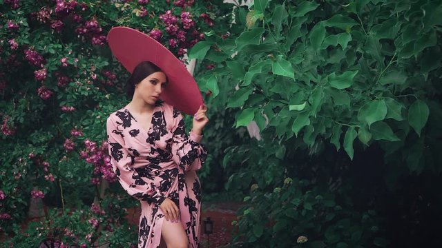 Old movie style added film grain. Portrait gorgeous woman. wide brimmed hat posing on camera. goddess fashion. Pink elegant chic dress. summer flowering trees blossom roses. Attractive cute face model