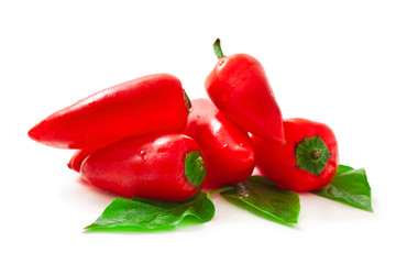 Sweet red peppers with green leaves isolated on a white background.