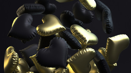 3d render golden and black heart balloons with roughness texture on black.