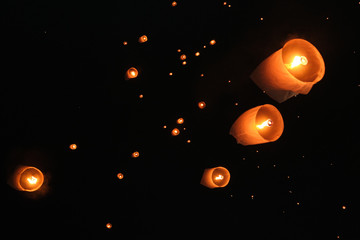 Flying Lanterns in the sky in Chiang Mai during the festival of lights.