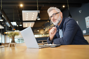 Salesman in restaurant working on laptop computer