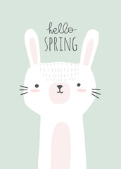 Cute bunny illustration with hello spring lettering. Hello spring design element, poster design, card. Happy Easter.