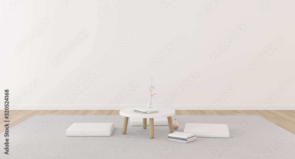 Poster perspective of modern living room with seating pillow and small table on white background. 3d render