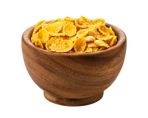 Corn flakes in wooden bowl isolated on white background