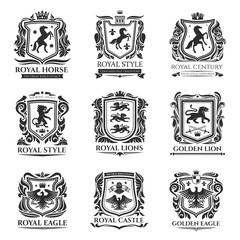 Heraldic shields, Medieval animals, Pegasus horse and royal floral emblems. Vector heraldic icons of Griffin lion with eagle wings, imperial crown, floral wreath and fleur de lys coat of arms shield © Vector Tradition