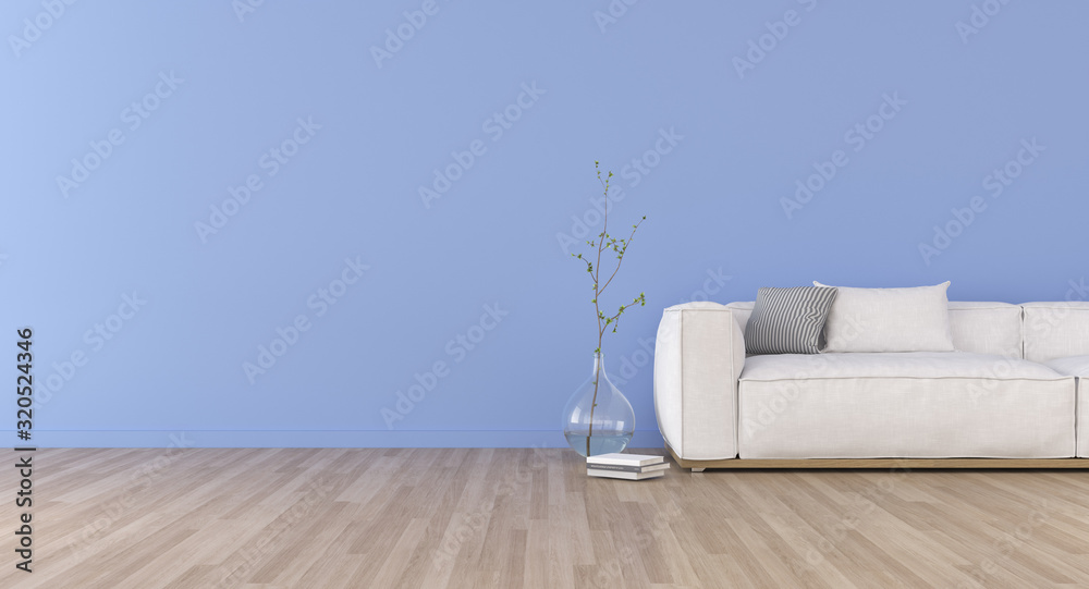 Poster View of blue living room in minimal style with sofa and small side table on laminate floor.Perspective of interior design. 3d rendering.	