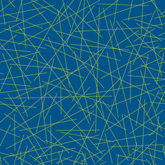 Seamless pattern of random simple lines, green abstract geometric chaotic lines on trend blue background, vector illustration