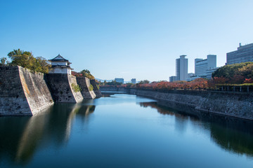 Fototapeta na wymiar Fortification and ditch water around Osaka Castle for protection