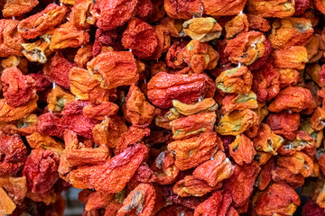 Close up of hanging dried red peppers used for making stuffed pepper meal
