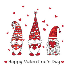 Three gnomes holding hearts in their hands. Valentine's Day