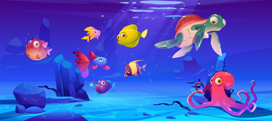 Unterwasserleben im Meer. Vektor-Cartoon-Illustration von Meerestieren und Fischen. Unterwasserlandschaft mit süßem Oktopus, Schildkröte und verschiedenen Fischen. Lustige Wassertiere