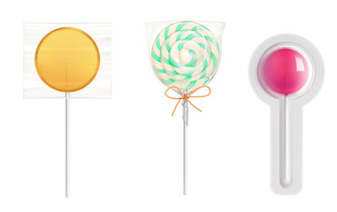 Lollipop candies in transparent plastic pack isolated on white background