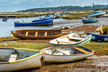 Boats at Morston Quay on north Norfolk coast, East Anglia, England, UK. 