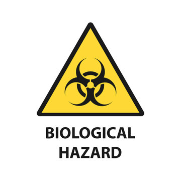 Triangle sign of biological hazard. Symbol of biohazard on yellow background in triangle. Icon of International biohazard in flat style isolated on white background. Vector illustration.