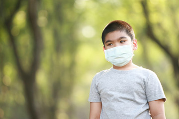 A young Asian boy wear mask to protect against dust PM 2.5 and germs