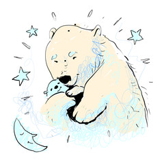 Mother bear hugging her baby vector illustration with stars and moon