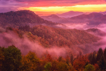 Erstaunlicher nebliger Sonnenaufgang über dem bewaldeten Bergrücken der Alpen, malerische Landschaft, Reisehintergrund im Freien, Alpenberge, Slowenien