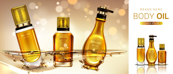 Body oil cosmetics bottles mockup banner. Beauty cosmetic product line for skin moisturizing and treatment on blurred golden background. Advertising promo for magazine. Realistic 3d vector, ad banner