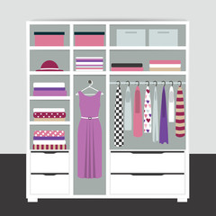 Capsule minimalistic open wardrobe. Wooden closet with tidy clothes, shirts, sweaters, boxes and shoes. Home interior. Flat design vector illustration.