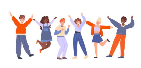 Panorama banner with a group of multiethnic cheering people celebrating dancing and waving their arms isolated on white, vector illustration