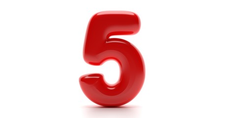 Five 5 number. Glossy balloon passion red color of digit 5 isolated on white background. 3d illustration