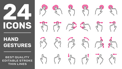 Gesture icons for touchscreen. Simple vector icon set for a mobile app user interface or manual. Linear style. EPS 10