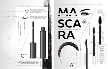 Vector Mascara flyer booklet or brochure template. Brush and mascara tube. Black wand and mascara tube. Fashionable cosmetics Makeup design for catalog.