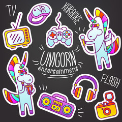 Set of vector stickers unicorn entertainment. TV, joystick, virtual reality goggles VR, headphones, camera, tape recorder, karaoke, microphone, movie, popcorn. Electronic gadgets, technology for fun