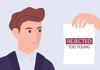 Recruitment ageism concept. HR specialist reject young man cv.