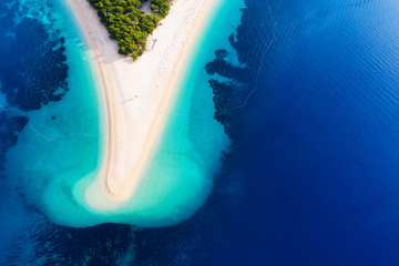 Croatia, Hvar island, Bol. Aerial view at the Zlatni Rat. Beach and sea from air. Famous place in...
