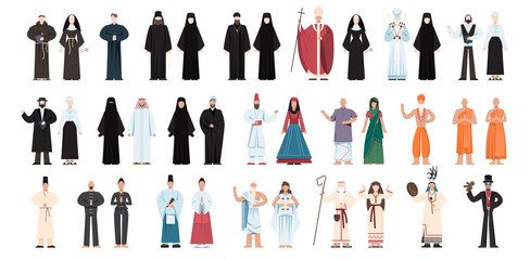 Set of religion people wearing specific uniform. religious figure - obrazy, fototapety, plakaty