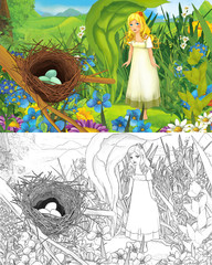 cartoon scene with young beautiful tiny girl in the forest with sketch page
