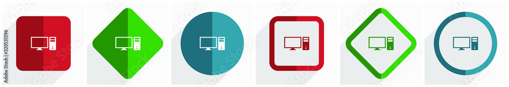 Poster computer, monitor, screen, pc icon set, flat design vector illustration in 6 options for webdesign a