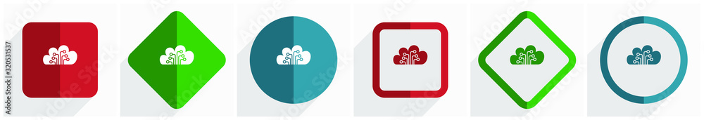 Aufkleber cloud computing, technology, circuit, data icon set, flat design vector illustration in 6 options fo
