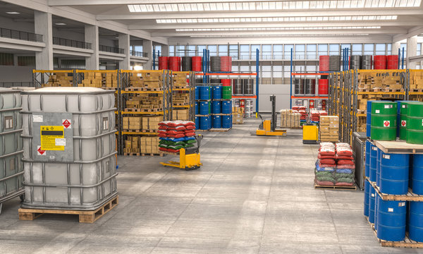 interior 3d render of a warehouse used for the storage of various goods.