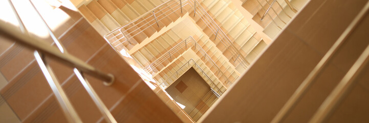 Close-up of stairway with railing. Architecture and design of interior. Construction with steps...