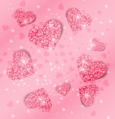 Background with glittering hearts vector illustration. Pink romantic background