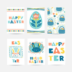 Obraz premium Vector set of six Easter cards with rabbit, holiday lettering, eggs, flowers, basket.