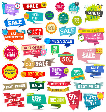 Collection of colorful sale stickers and tags 