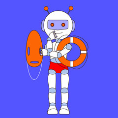 robot beach lifeguard stands and holds a lifebuoy and an inflatable orange board, color vector emoticon on isolated background