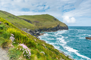 South West Coast Path from Boscastle towards Willapark Lookout in the distance, North Cornwall,...